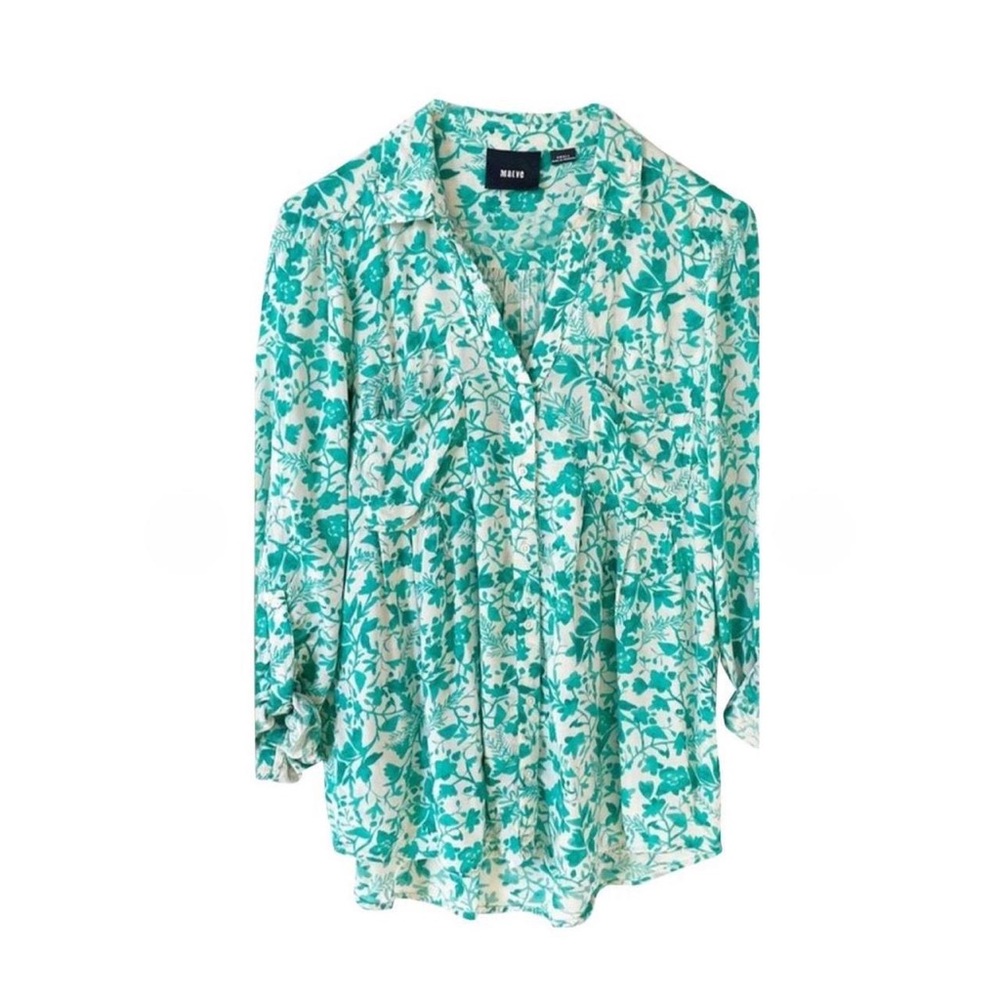 Anthropologie Maeve Rayon Islet Green Floral Button Front Shirt Pockets Tabs M